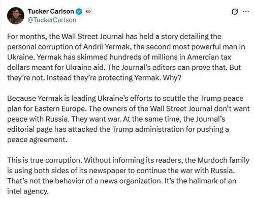Такер Карлсон обвиняет &laquo;The Wall Street Journal&raquo; в сокрытии коррупции в окружении Зеленского